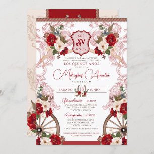Invitation Rouge Floral Élégant Baroque Charro Quinceañera