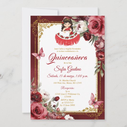 Invitation ROUGE Floral Espagnol mignon fille Quinceañera Pap (Devant)