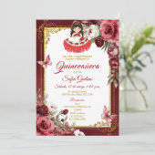Invitation ROUGE Floral Espagnol mignon fille Quinceañera Pap (Debout devant)