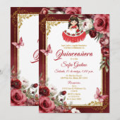 Invitation ROUGE Floral Espagnol mignon fille Quinceañera Pap (Devant / Derrière)