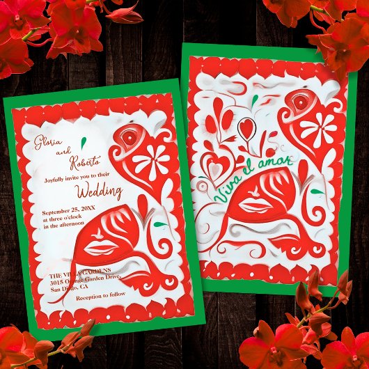 Invitation Rouge Floral Heart Papel Picado Mariage mexicain