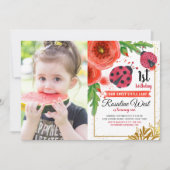 Invitation Rouge Floral Ladybug Aquarelle 1er Anniversaire Ph (Devant)