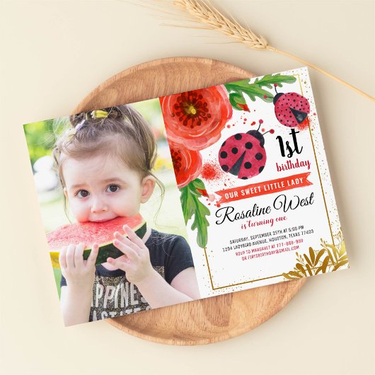 Invitation Rouge Floral Ladybug Aquarelle 1er Anniversaire Ph