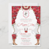 Invitation Rouge Floral Ouest Charro Quinceañera (Devant)