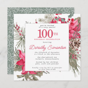 Invitation Rouge Floral Poinsettia 100e Carré de fête d'anniv