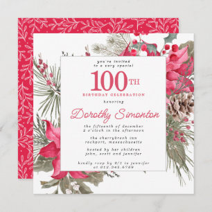 Invitation Rouge Floral Poinsettia 100e Carré de fête d'anniv