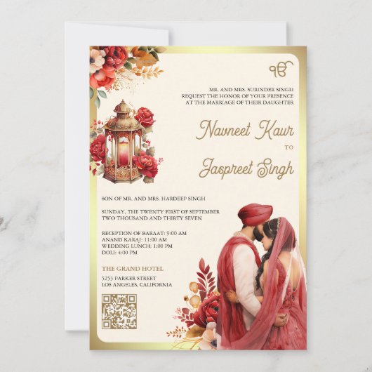 Invitation Rouge Floral QR Code Anand Karaj Sikh Mariage (Devant)