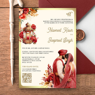 Invitation Rouge Floral QR Code Anand Karaj Sikh Mariage