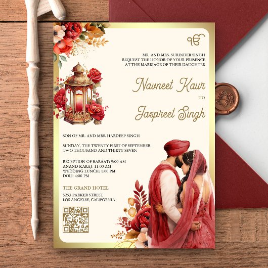 Invitation Rouge Floral QR Code Anand Karaj Sikh Mariage