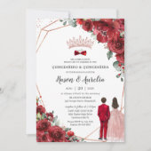 Invitation Rouge Floral Rose Gold Twins Garçon fille Quinceañ (Devant)