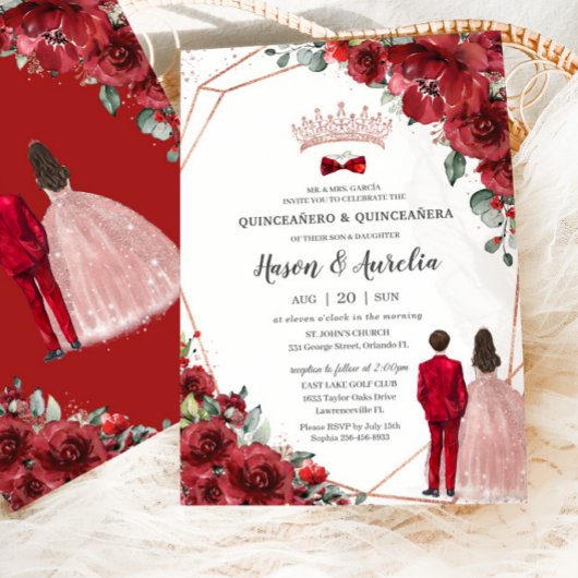 Invitation Rouge Floral Rose Gold Twins Garçon fille Quinceañ
