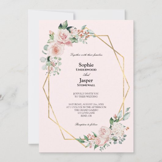 Invitation Rouge Floral Rose Simple Tout En Un Mariage (Devant)