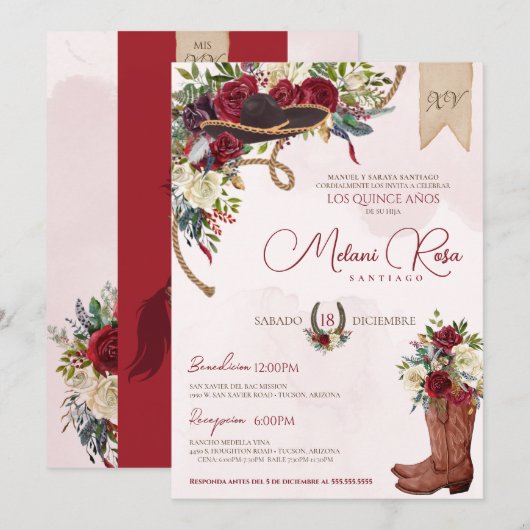 Invitation Rouge Floral Rustique Charro espagnol Quinceanera (Devant / Derrière)