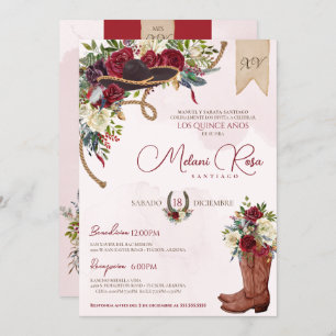 Invitation Rouge Floral Rustique Charro espagnol Quinceanera