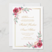 Invitation Rouge Floral Vert Feuille Gold Frame Musulman Mari (Devant)