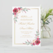 Invitation Rouge Floral Vert Feuille Gold Frame Musulman Mari (Debout devant)