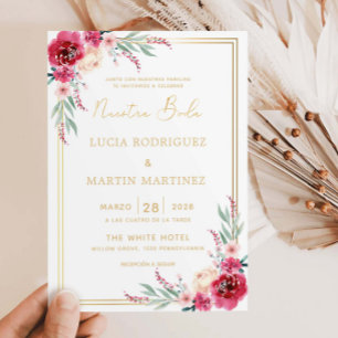 Invitation Rouge Floral Vert Feuille Gold Frame Nuestra Boda