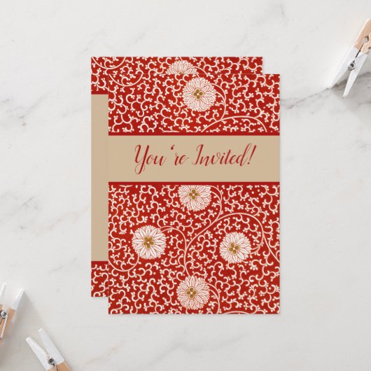 Invitation Rouge Floral Vibrant Ornate Classé Motif (Devant/Arrière en situation)