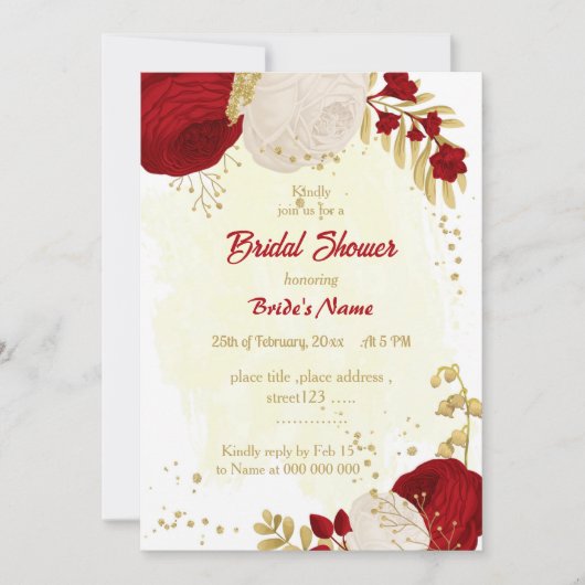 Invitation rouge foncé et fleurs blanches or douche nuptiale (Devant)