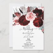 Invitation Rouge foncé et rose Floral Vert Mariage blanc (Devant)
