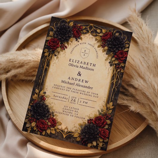 Invitation Rouge Foncé Floral Baroque Mariage