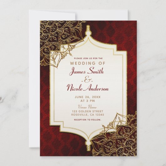 Invitation Rouge foncé & Or Marocain des nuits arabes Mariage (Devant)