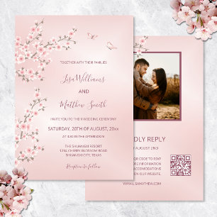 Invitation Rouge Foncé Photo de mariage Fleur de cerisier ros