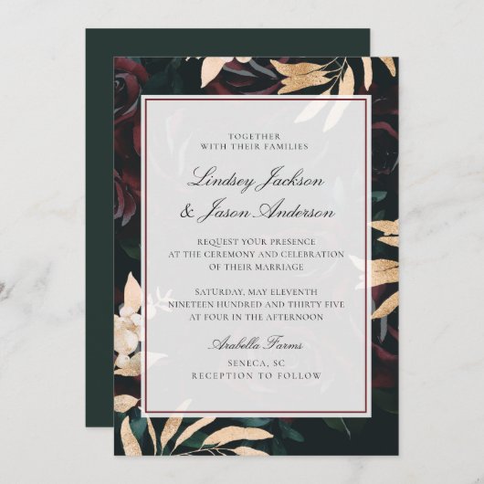 Invitation Rouge foncé & Vert or Moody Elégant Mariage floral (Devant / Derrière)