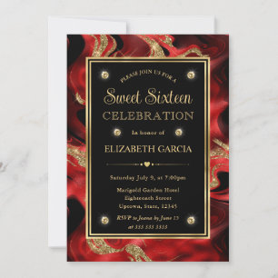 Invitation Rouge fondu élégant et paillettes dorées Sweet 16
