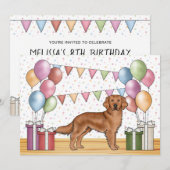 Invitation Rouge Golden Retriever Coloré Pastel Anniversaire (Devant / Derrière)