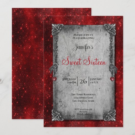Invitation Rouge gothique Sweet 16 (Devant / Derrière)