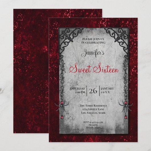 Invitation Rouge gothique Sweet 16 (Devant / Derrière)