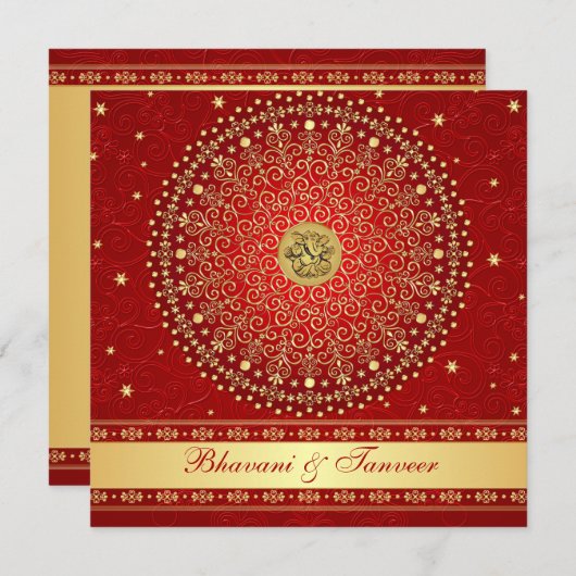 Invitation Rouge hindou Ganesh, mariage des manuscrits d'or (Devant / Derrière)