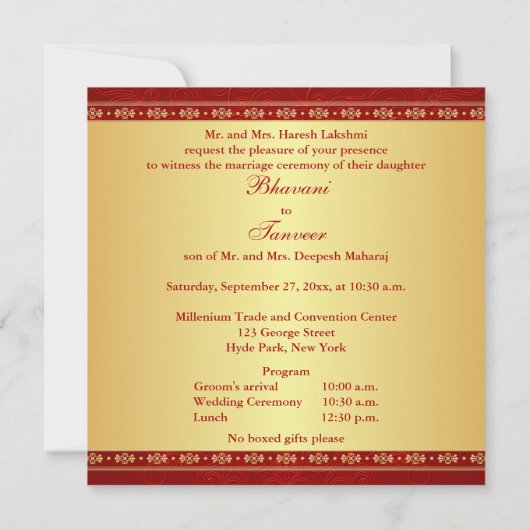 Invitation Rouge hindou Ganesh, mariage des manuscrits d'or (Dos)