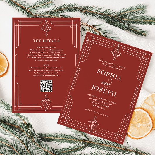 Invitation Rouge Intemporel | Code QR Tout en Un Mariage de V