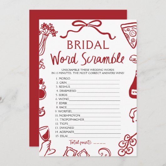 Invitation Rouge Italien Main Tirée Bridal Word Scramble Jeu (Devant / Derrière)