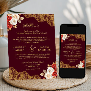 Invitation Rouge Ivoire Floral Or Lace Bourgogne Mariage Musu