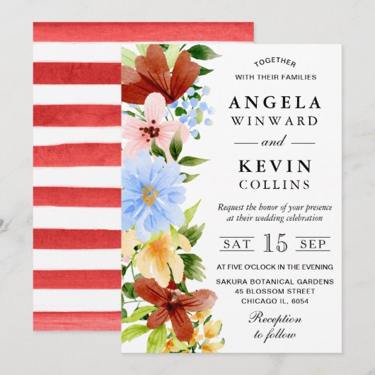Invitation Rouge Jaune et Bleu Mariage Fleurs Boho (Devant / Derrière)