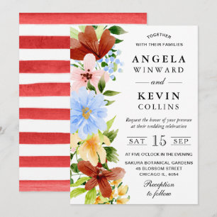 Invitation Rouge Jaune et Bleu Mariage Fleurs Boho
