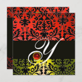 Invitation ROUGE JAUNE NOIR DAMASQUE MONOGRAMME Rubis (Devant / Derrière)
