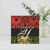 Invitation ROUGE JAUNE NOIR DAMASQUE MONOGRAMME Rubis (Debout devant)