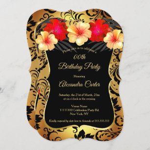 Invitation Rouge Jaune Or Noir Damas Hibiscus Anniversaire