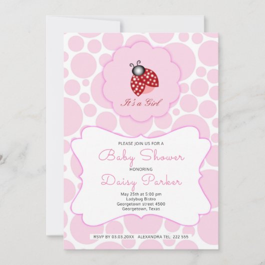 Invitation Rouge Ladybug Et Cercles Roses (Devant)