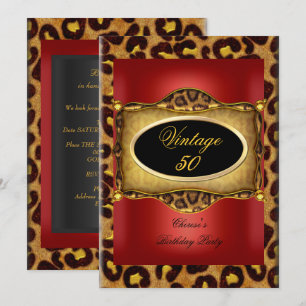Invitation Rouge Léopard Or Noir Anniversaire Élégant Vintage