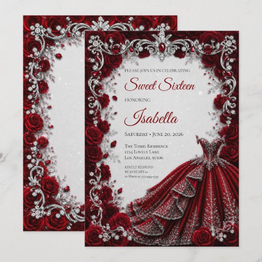 Invitation Rouge Luxe Princesse Sweet Seize (Devant / Derrière)