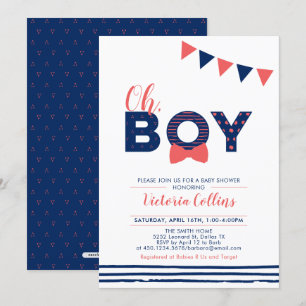 Invitation Rouge & Marine   Garçon Baby Shower Typographie Mo