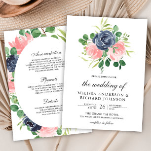 Invitation Rouge marine rose pâle floral combinaison unique d
