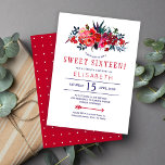 Invitation Rouge marine rustique floral bohème doux 16 invita<br><div class="desc">Modèle d'invitation rustique élégant sweet sixteen avec un bouquet peint à la main rouge bohème, bordeaux et rose vif avec feuillage bleu marine foncé, plumes et lettrage. Remplissez vos informations dans les zones, Vous pouvez choisir de le customiser en changeant encore les polices, les couleurs de lettrage ou la couleur...</div>