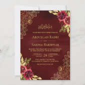 Invitation Rouge Maroon Floral Or Lace QR Code Mariage musulm (Devant)