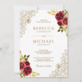 Invitation Rouge Marron Floral Dentelle Blanc Code QR Mariage (Devant)